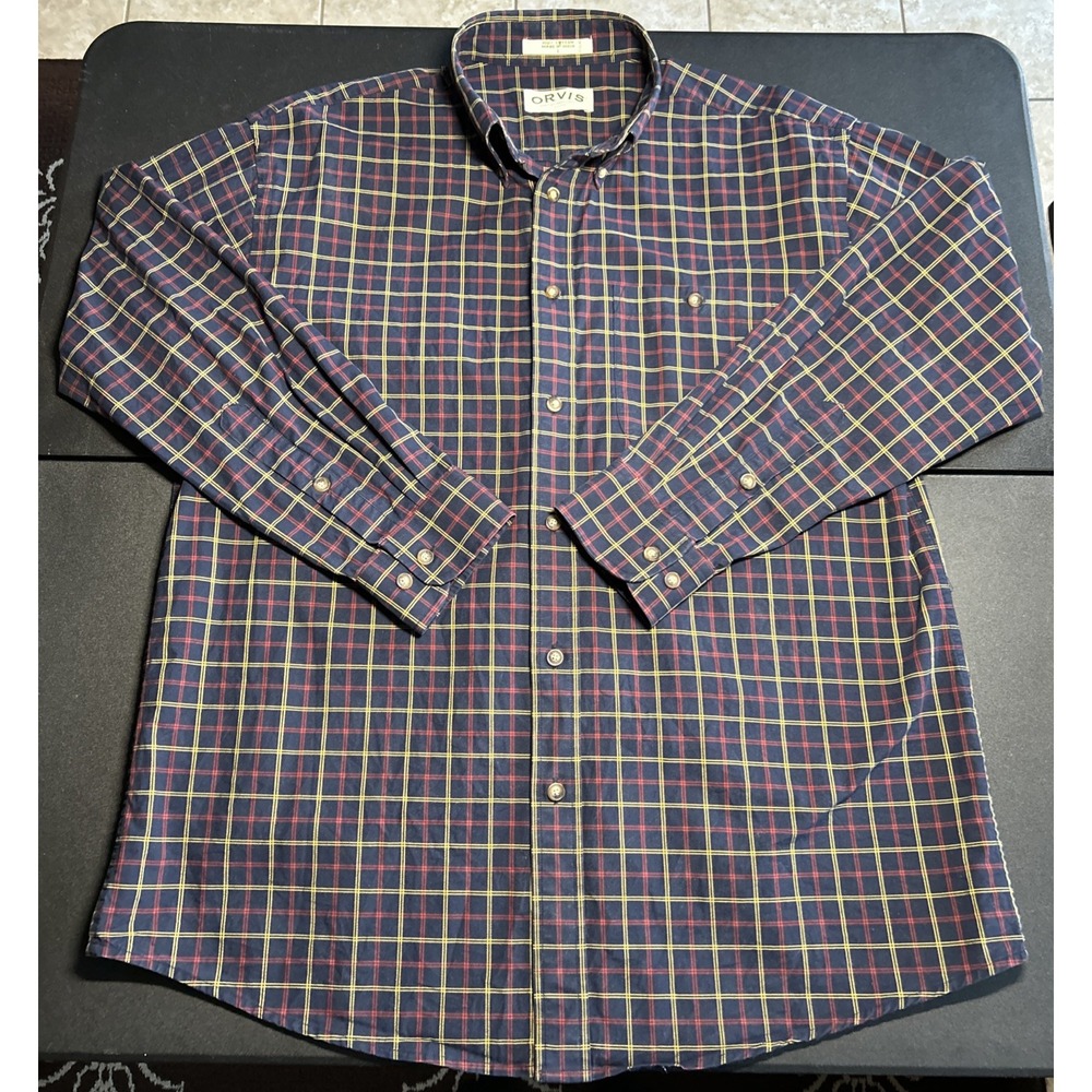ORVIS Shirt Mens Size Large Button Up Navy, Yellow Red Plaid Pocket Shirt Cotton